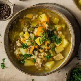 Классический рассольник с перловкой и солёными огурцами