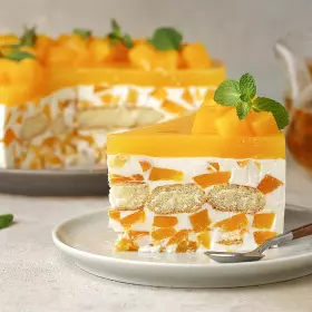 Творожный торт с персиками