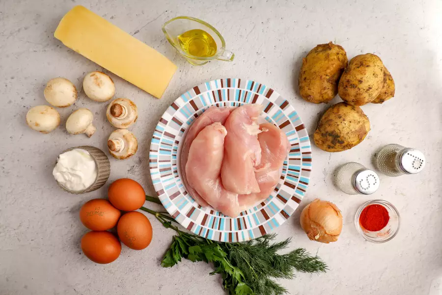 Ингредиенты для рецепта запеканка с курицей и грибами