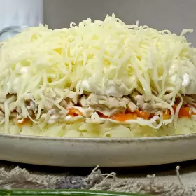 Слоёный салат с курицей «Сугробы»
