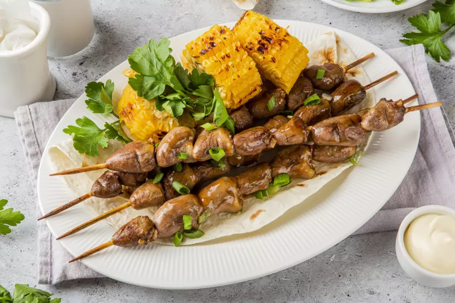 Готовое блюдо шашлык из куриных сердечек