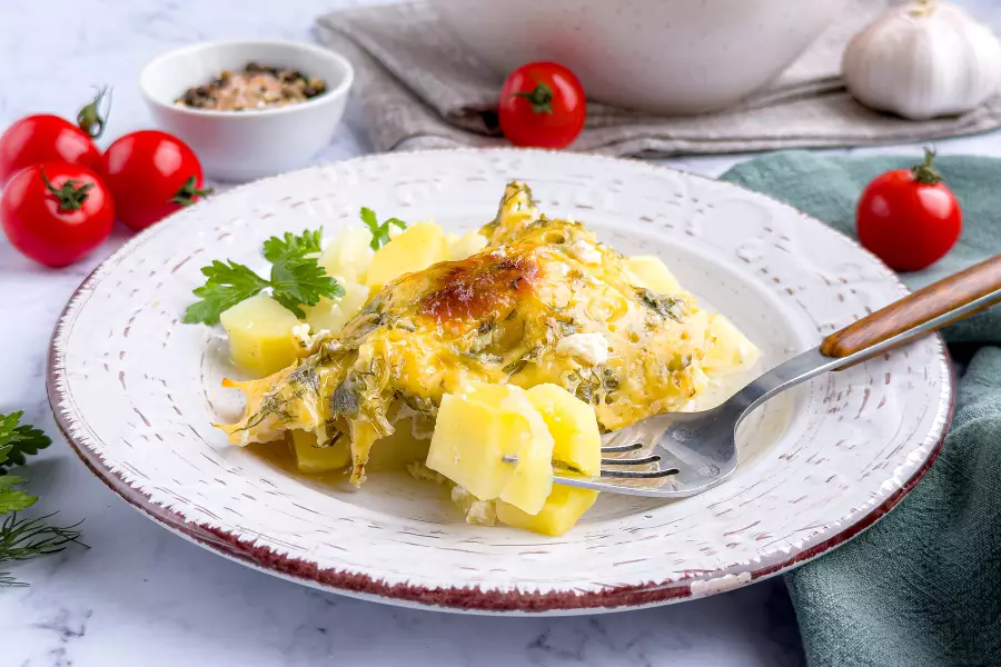 Готовое блюдо картошка с сыром в горшочке