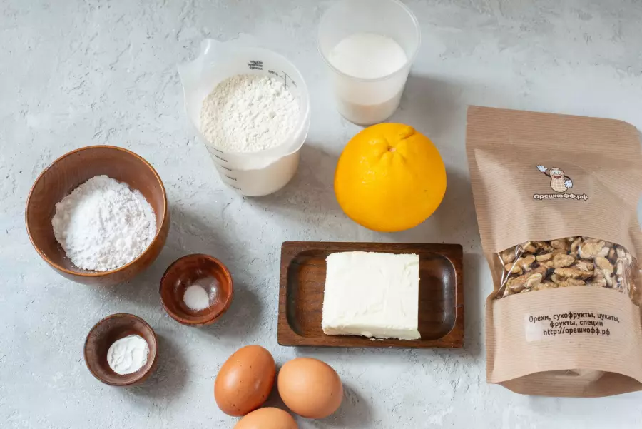 Ингредиенты для рецепта апельсиновый кекс с грецкими орехами